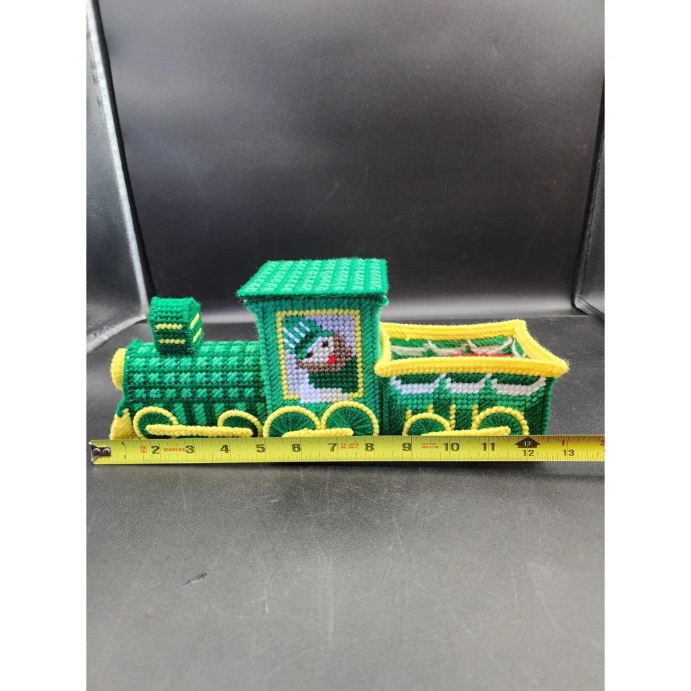 Vtg Canvas Needlepoint Christmas Train Engine & Coal Car W/2 Gifts Holiday Decor